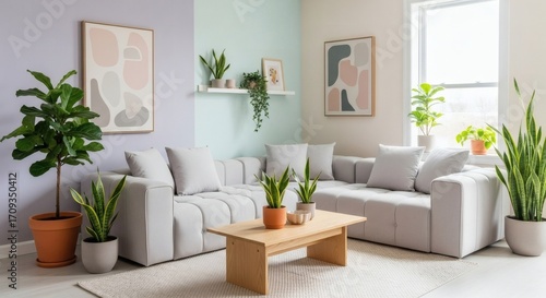 Modern living room with comfortable sectional sofa, wooden coffee table, and green houseplants, creating a serene, stylish, and refreshing interior design