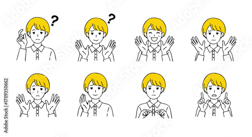 Expressive poses of diverse young character showing various emotions and gestures, perfect for communication and design