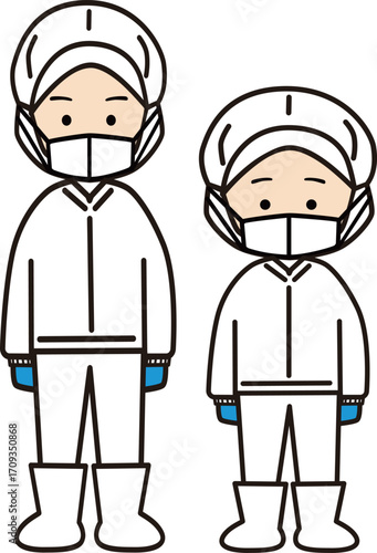 工場で働く姿の男性と女性(マスクあり)