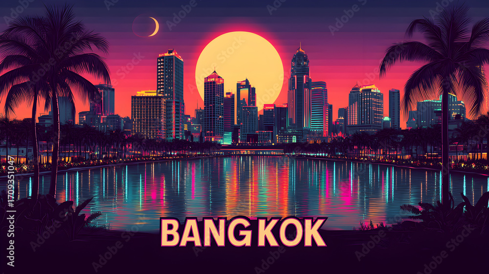 Fototapeta premium Retro pop art Bangkok travel scene, tropical palm trees and illuminated skyline reflecting in water, vibrant neon sunset glow, trendy modern 3D digital cartoon architecture illustration banner artwork