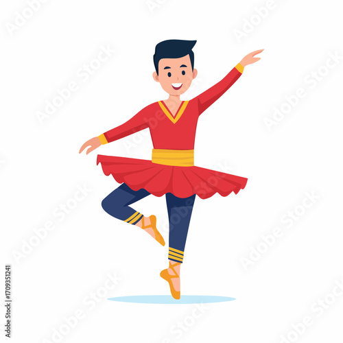 A smiling young male ballet dancer performing a graceful pose in a vibrant costume.