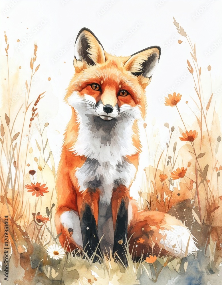 Obraz premium 水彩画のかわいいキツネのイラスト 