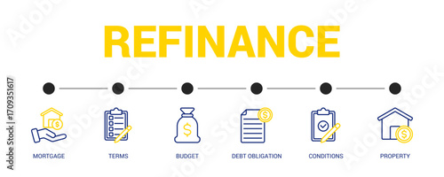 Refinance Line Color Icon Set For Web Banner. Vector Illustration Concept With Some Icons. Designed In Line Color Style
