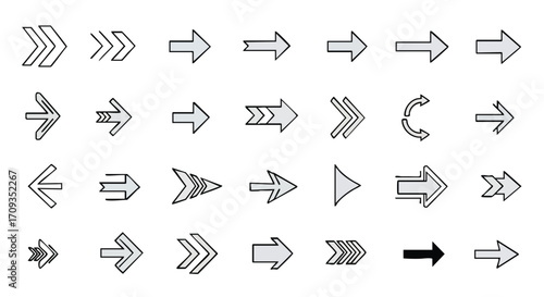 Diverse modern arrow icons guiding direction, progress, and choices for sleek digital interfaces