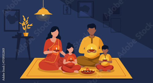 A heartwarming flat design illustration depicting a family joyfully celebrating Diwali, holding traditional earthen lamps.
