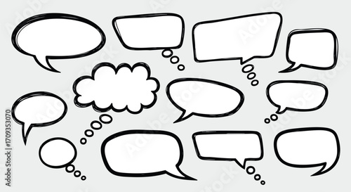 Hand-drawn speech bubbles on gray background, perfect for communication and creative design