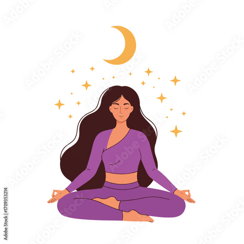 A magical yoga woman meditating peacefully with cosmic moon and stars, creating a serene and spiritual scene on a plain white background in a flat 2D vector illustration.
