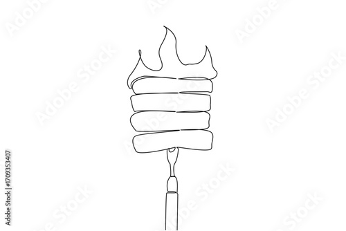 Continuous one line drawing several pieces of meat skewered with grilling forks and glowing flames. Meat cooked perfectly. Sirloin. National Barbecue Day. Single line draw design vector illustration