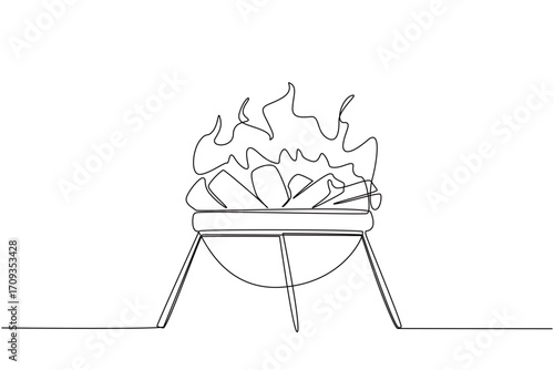 Continuous one line drawing barbecue grill with wood chunks and glowing flames. Heat wood before grilling. A cheerful summer weekend. National Barbecue Day. Single line draw design vector illustration