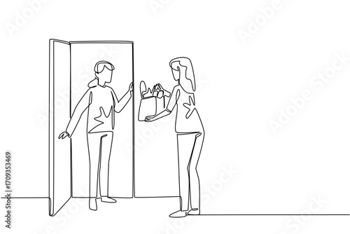 Single continuous line drawing grandmother holds doorknob and woman carrying a grocery bag. Caring for others. National Do Something Good for Your Neighbor Day. One line design vector illustration