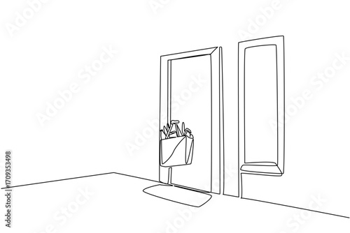 Single continuous line drawing grocery bag containing foods hanging on door handle. Quarantine to avoid viruses. National Do Something Good for Your Neighbor Day. One line design vector illustration