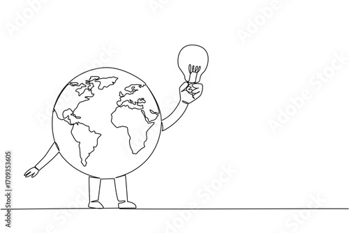 Single one line drawing globe character holding a light bulb. Unique and funny character. Energy dependency. Brighten the earth. International Day of Light. Continuous line design graphic illustration