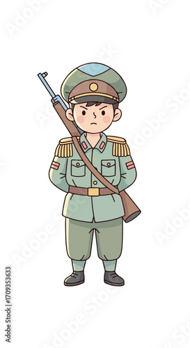 Cartoon Soldier with Rifle Standing Proudly.