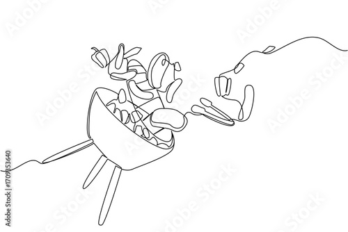 Continuous one line drawing barbecue grill with slices of meat sausages, peppers, tongs, flying around. Appetite boosting invitation. National Barbecue Day. Single line draw design vector illustration