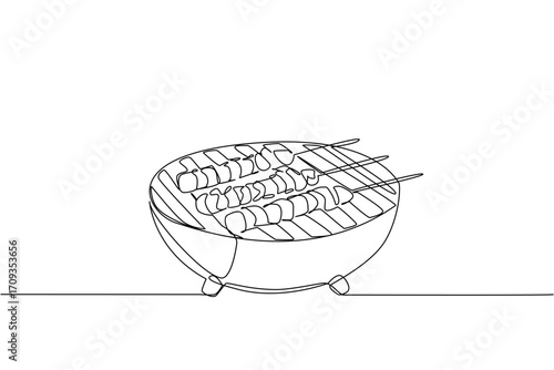 Single continuous line drawing barbecue grill with sliced ​​beef skewers and colorful peppers. A combination of delicious spicy sweet savory. National Barbecue Day. One line design vector illustration