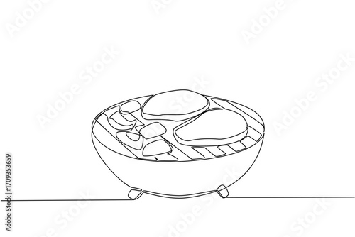 Continuous one line drawing barbecue grill with some meat cuts and peppers. Warming up the atmosphere with delicious meat. Steak. National Barbecue Day. Single line draw design vector illustration