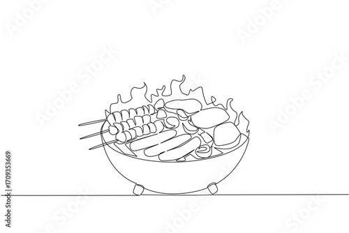 Single one line drawing barbecue grill with several pieces of meat, sausages, meat skewers, pieces of peppers. Feast for meat lovers. National Barbecue Day. Continuous line design graphic illustration