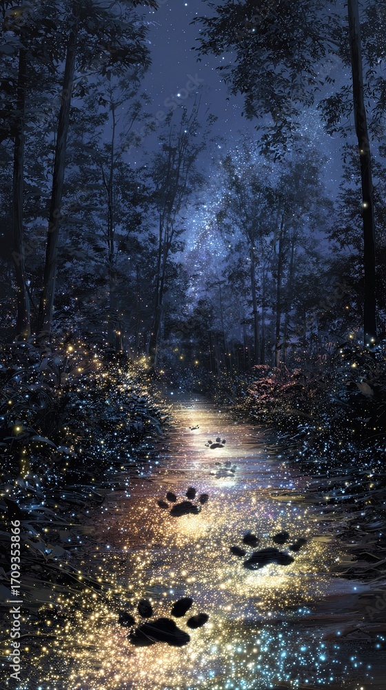 Obraz premium Enchanting Pathway Through a Forest Illuminated by Glowing Fireflies at Twilight