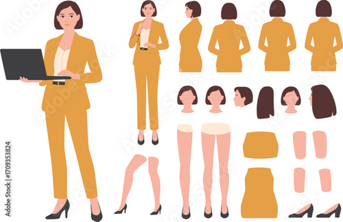 Businesswoman character set, professional office woman in yellow suit, laptop user illustration, corporate worker poses, female entrepreneur animation design