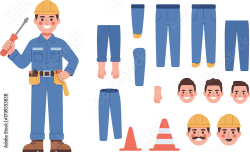 Construction worker character set, male builder in uniform with helmet, tools, safety equipment, handyman illustration, laborer poses, repairman animation design