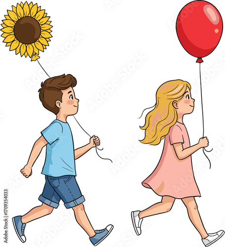 Happy children running with sunflower and balloon, cartoon boy and girl illustration, playful kids outdoor fun, childhood character design concept