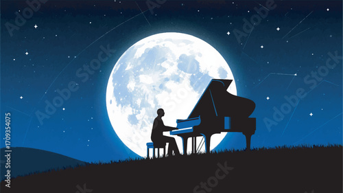 Illustration Of A Pianist Playing A Grand Piano At Night Vector Design Template