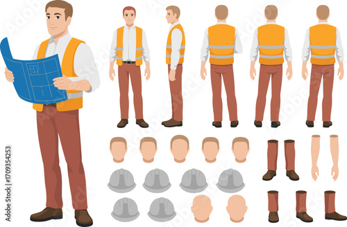 Male construction worker character set, man engineer in safety vest holding blueprint, architect illustration, professional builder design, laborer animation pack