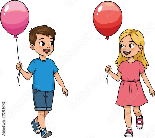 Smiling children holding balloons, happy boy and girl illustration, playful cartoon kids with red and pink balloons, childhood fun design
