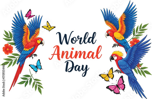 Vector art of world animal day concept with colorful parrots and butterflies 