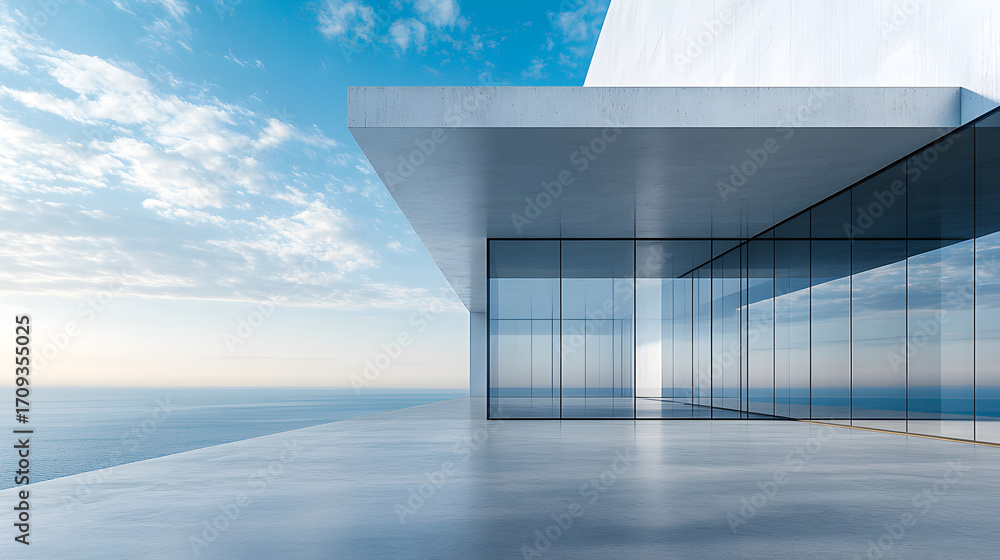 Obraz premium Transparent glass architectural structure with industrial concrete floor, futuristic office building interior, sleek modern lines and luxury residential design, contemporary illustration for real esta
