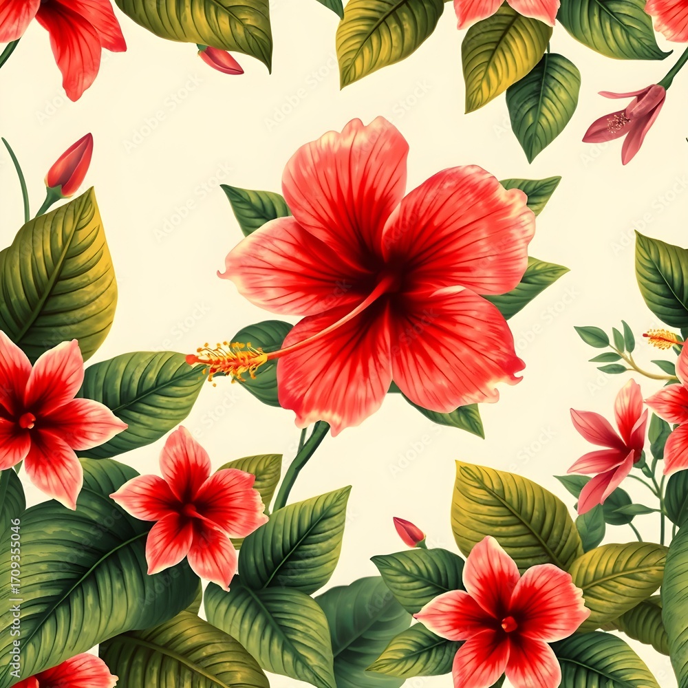 Fototapeta premium Vibrant red hibiscus flowers and buds, surrounded by lush green leaves, creating a floral pattern.