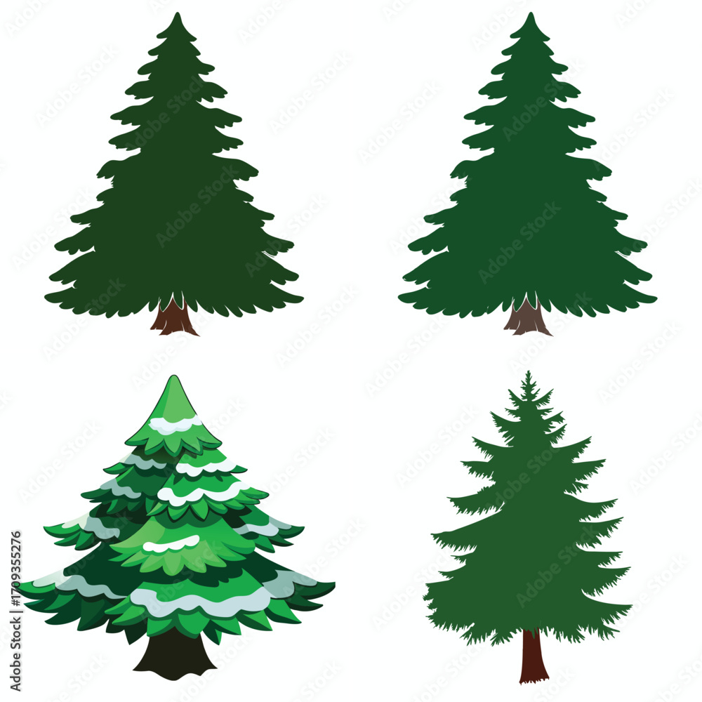 Obraz premium Collection of four stylized evergreen trees with snow accents on a white background