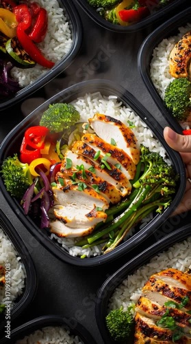 Grilled chicken breast with steamed rice, broccoli, and peppers, served in a black container, perfect for meal prep and fitness nutrition.