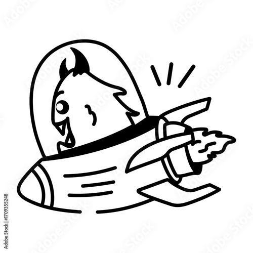 A hand drawn style icon showing an alien rocket

