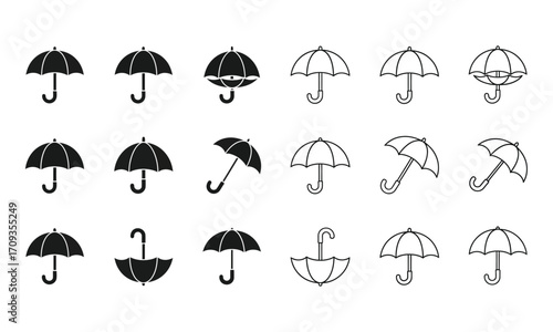 Collection of umbrella icons in various styles, isolated on white background set of different umbrella shapes, perfect for weather forecasts, protection, or design elements