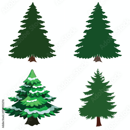 Collection of four stylized evergreen trees with snow accents on a white background