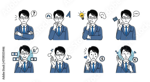 Diverse businessman character set with various expressions, perfect for business presentations or educational resources