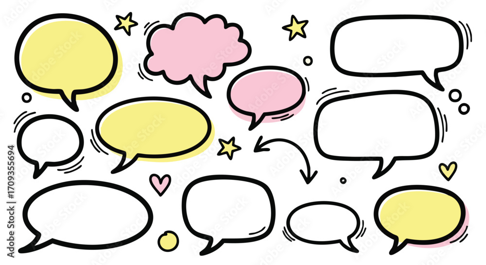 Obraz premium Vibrant hand-drawn speech bubbles and thought clouds for creative communication and design projects