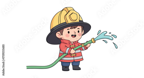 Cute Cartoon Firefighter Sprinkling Water.