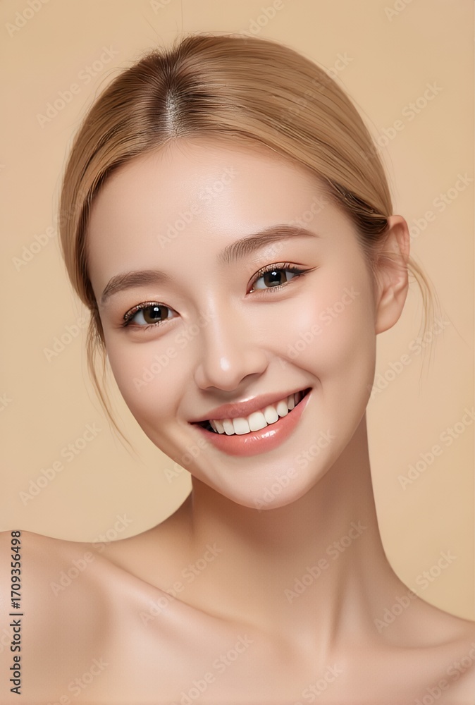 Fototapeta premium Portrait of a Young Woman with a Bright Smile and Healthy Skin