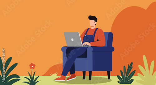 A young man in overalls sits comfortably in an armchair, actively working on his laptop in a minimalist flat design illustration, perfect for digital marketing assets.