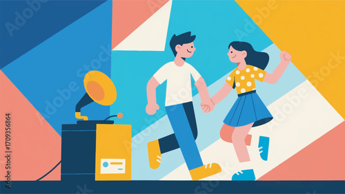 Illustration Of A Boy And A Girl Dancing Next To A Phonograph Vector Design Template