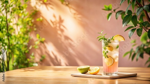 Refreshing Summer Citrus Beverage on Wooden Table with Sunlight and Greenery