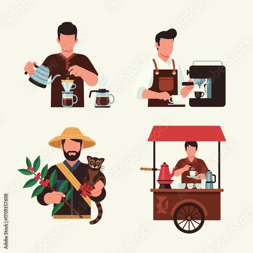 Four illustrations depicting different coffee preparation methods and coffee farmer with a civet cat.