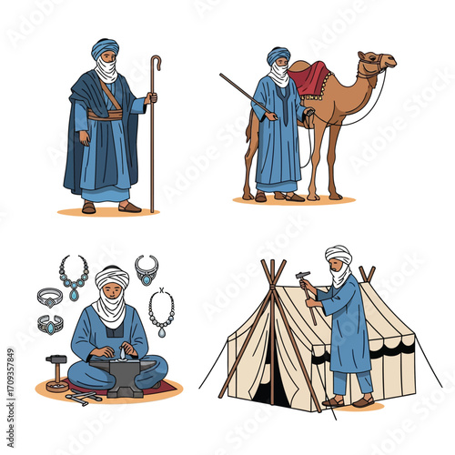 Four illustrations of traditional Middle Eastern figures engaged in various occupations, including camel herding, jewelry making, and tent building.