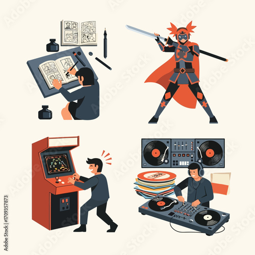Four diverse hobbyists engaged in creative pursuits, including comic book illustration, video gaming, and DJing.