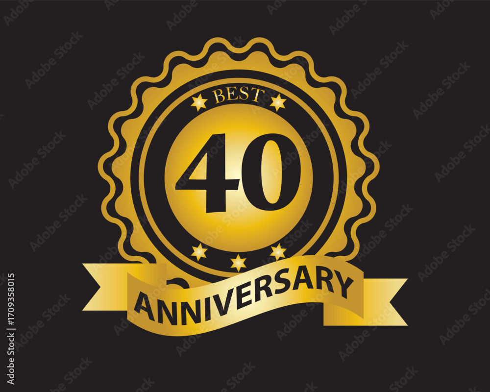 Naklejka premium 40th Anniversary Golden Badge. Best Anniversary Seal with Ribbon. Vector Illustration on Black Background