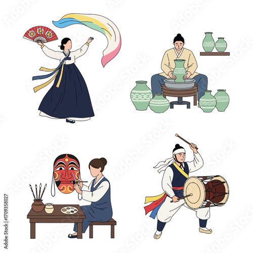 Korean cultural traditions depicted through illustrations of a dancer, potter, mask painter, and percussionist.