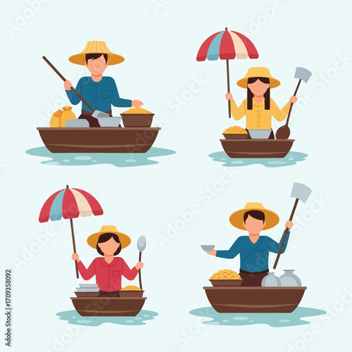 Four Asian street vendors selling food from boats, using umbrellas and paddles.