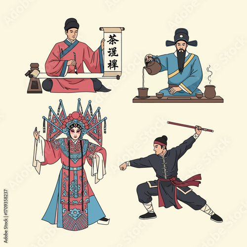 Four traditional Chinese cultural figures: a scholar, a tea master, an opera performer, and a martial artist.